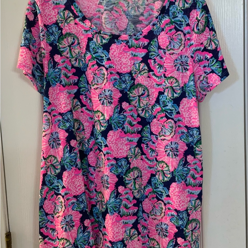 EUC Lilly Pulitzer OYSTER BAY NAVY SHROOM WITH A VIEW Etta Scoop-Neck Top LARGE